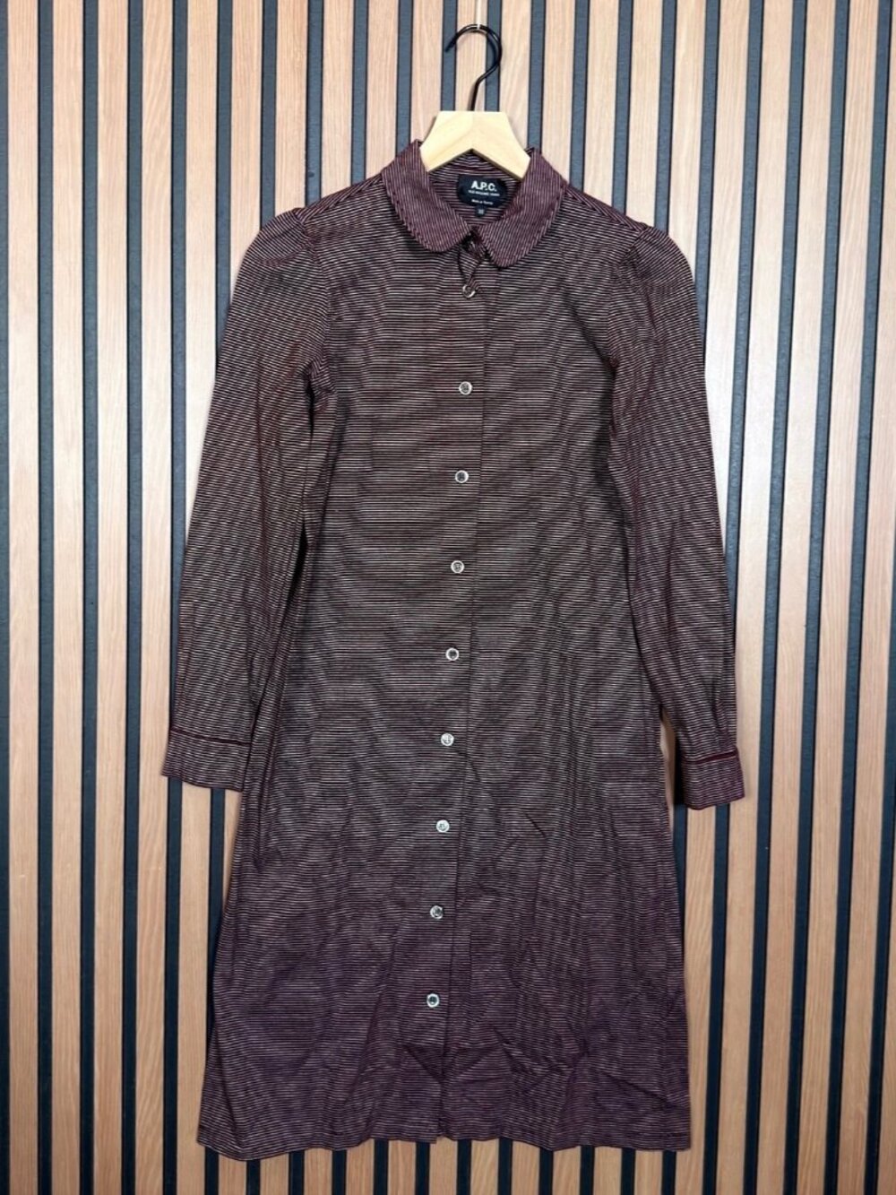 A.P.C. Shirt Dress XS Womens Red Striped Poplin Shoulder Midi Button Up Collared